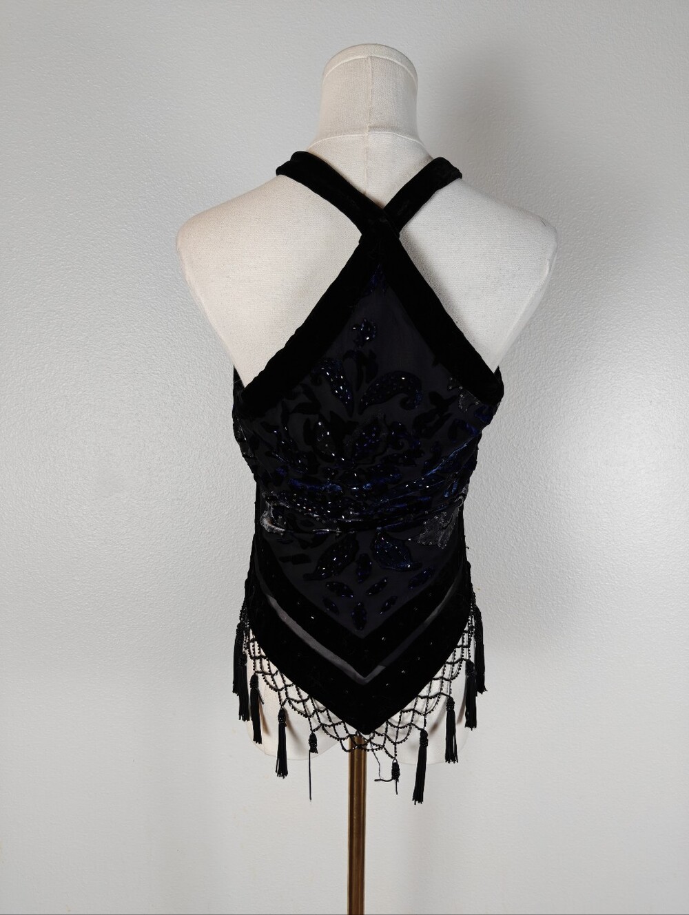 Y2K Black Silk Velvet Beaded Fairygoth Halter Top - Picture 8 of 8